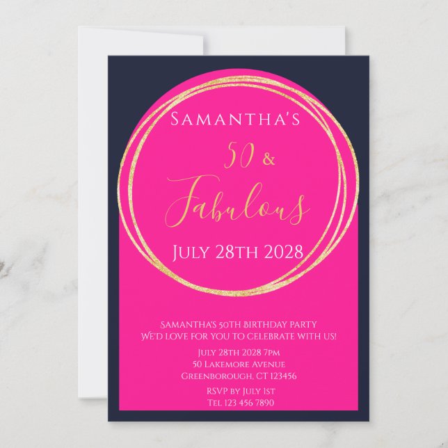50th Birthday Navy Hot Pink Birthday Invitation (Front)