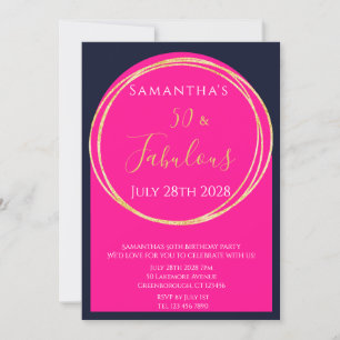 50th Birthday Navy Hot Pink Birthday Invitation