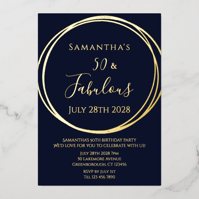 50th Birthday Navy Real Gold Foil Invitation (Front)