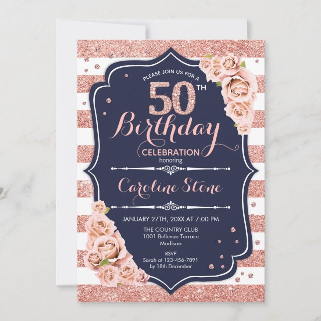 50th Birthday - Navy Rose Gold and White Stripes Invitation (Front)