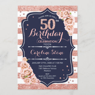 50th Birthday - Navy Rose Gold and White Stripes Invitation
