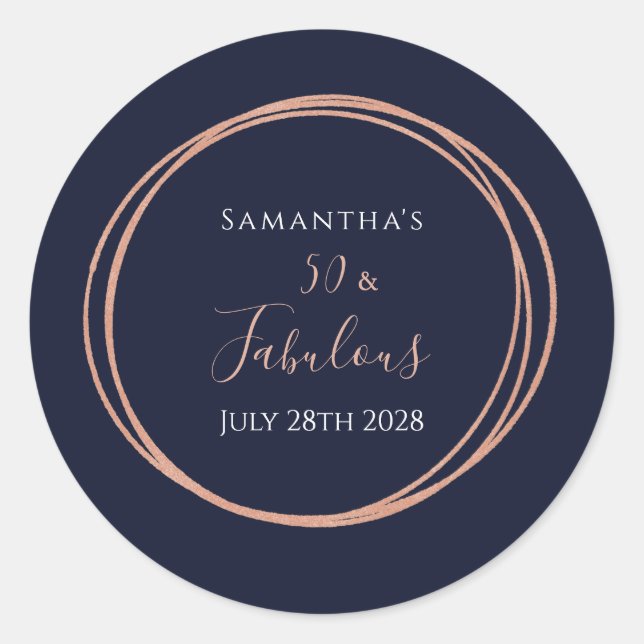 50th Birthday Navy Rose Gold Birthday Party Classic Round Sticker (Front)