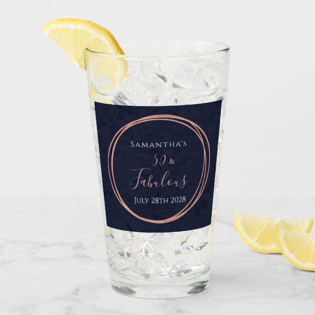 50th Birthday Navy Rose Gold Birthday Party Favor Glass (Front Ice)