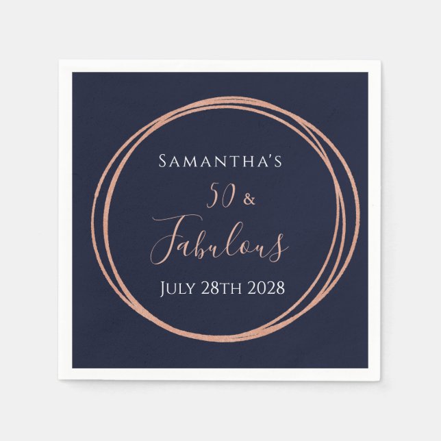 50th Birthday Navy Rose Gold Birthday Party Napkins (Front)