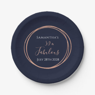 50th Birthday Navy Rose Gold Birthday Party Paper Plates