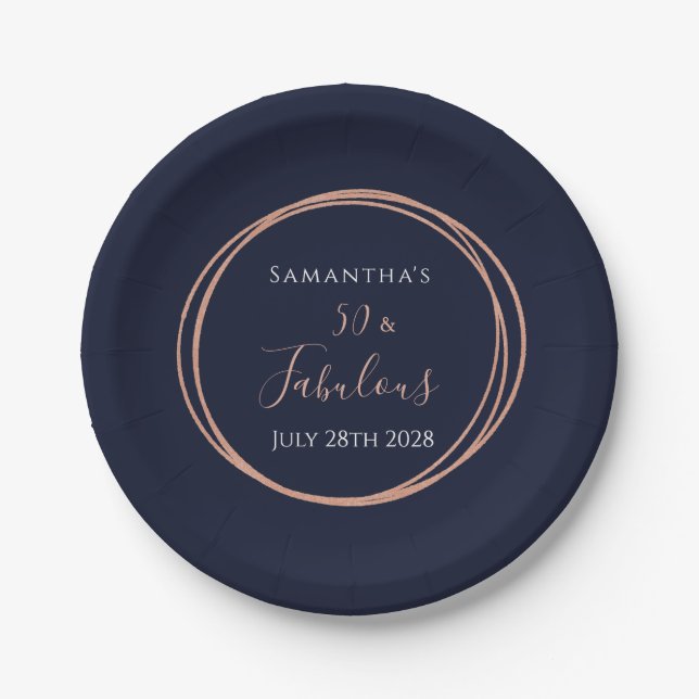 50th Birthday Navy Rose Gold Birthday Party Paper Plates (Front)