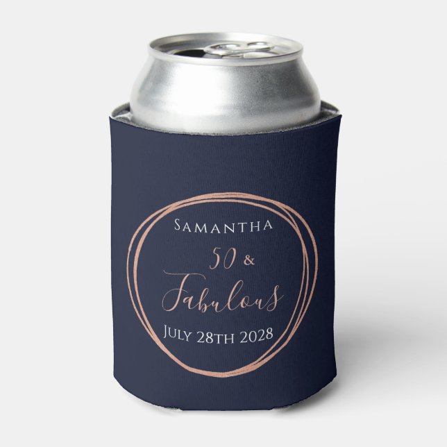 50th Birthday Navy Rose Gold Personalized Party Can Cooler (Can Front)