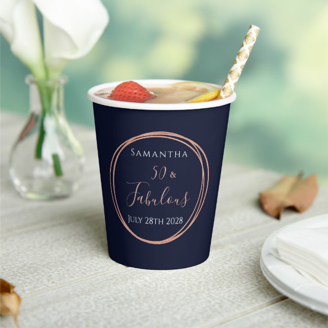 50th Birthday Navy Rose Gold Personalized Party Paper Cups (Insitu)