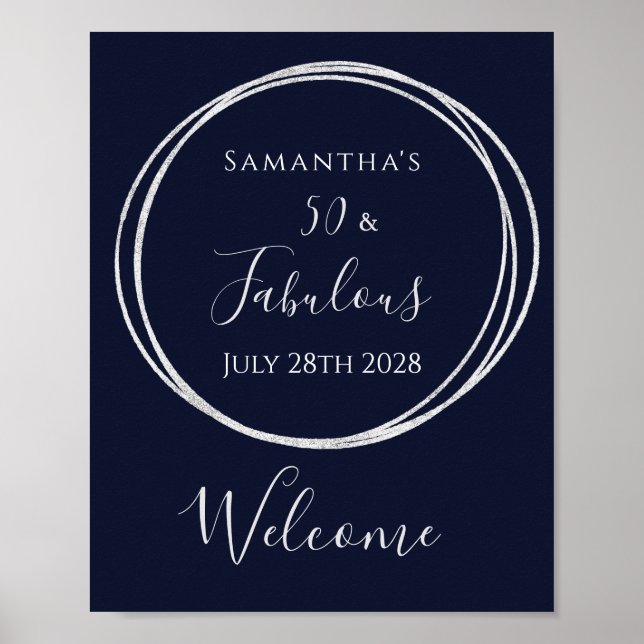 50th Birthday Navy Silver Birthday Welcome sign (Front)