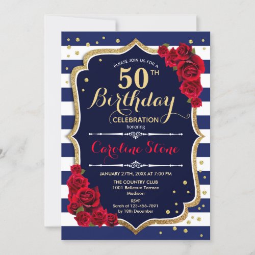 50th Birthday _ Navy White Stripes and Red Roses Invitation