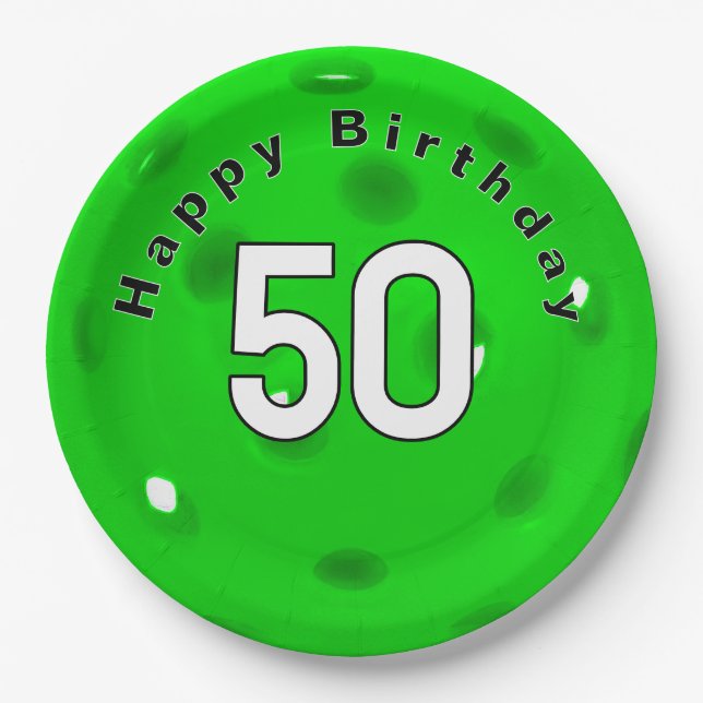 50th Birthday Neon Green Pickleball Paper Plates (Front)