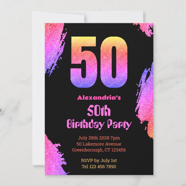 50th birthday neon pink glitter party invitation (Front)