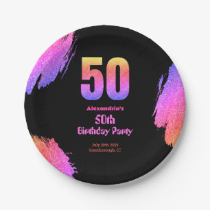 50th birthday neon pink glitter party paper plates