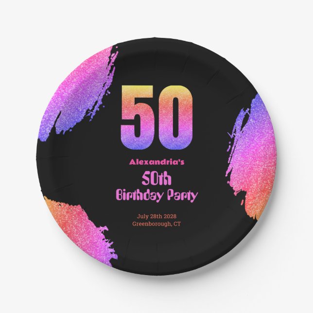 50th birthday neon pink glitter party paper plates (Front)