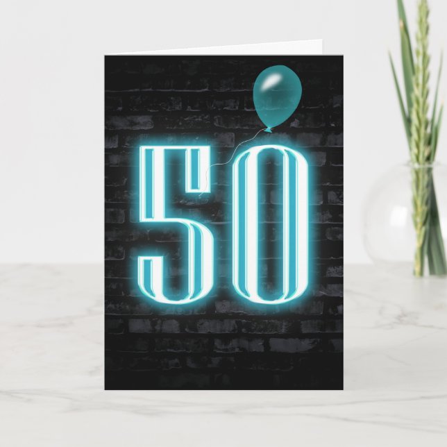 50th Birthday Neon Sign on Brick  Card (Front)