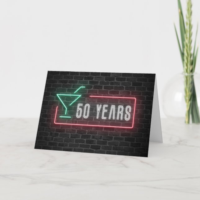 50th Birthday Neon Sign on Brick Card (Front)