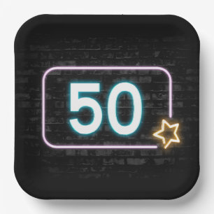 50th Birthday Neon Sign On Brick Paper Plates
