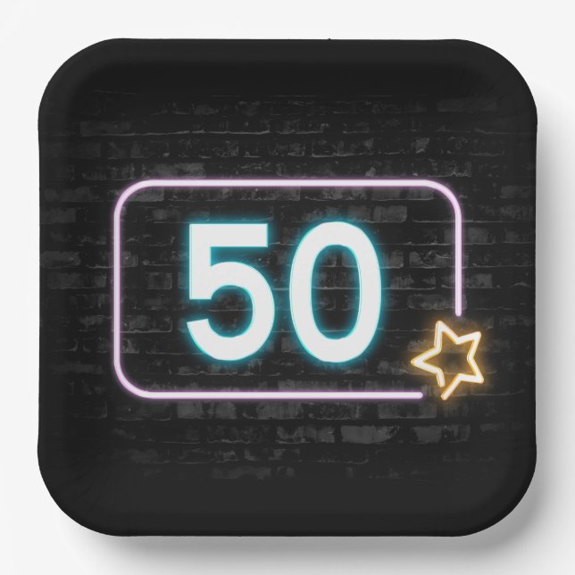 50th Birthday Neon Sign On Brick Paper Plates (Front)