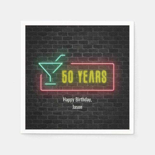 50th birthday Neon Sign on brick wall Napkins (Front)