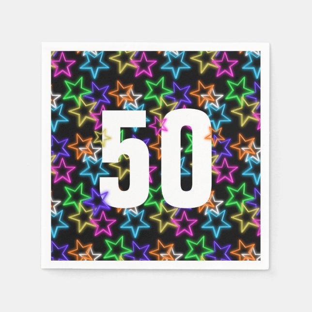 50th Birthday Neon Stars On Black  Napkins (Front)