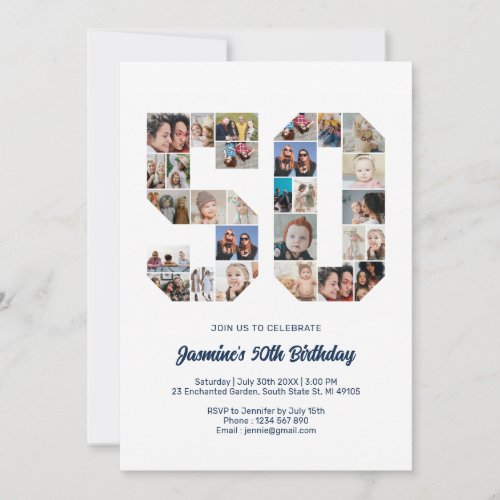 50th Birthday Number 50 Custom Photo Collage Invitation
