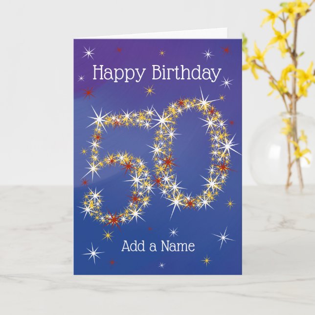 50th Birthday - Number 50 in Stars - Blue - Age Card (Yellow Flower)