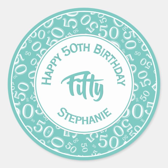 50th Birthday Number 50 Pattern Teal and White Classic Round Sticker (Front)