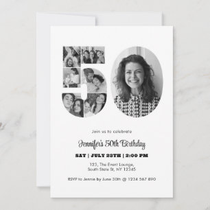 50th Birthday Number 50 Photo Collage Black White Invitation