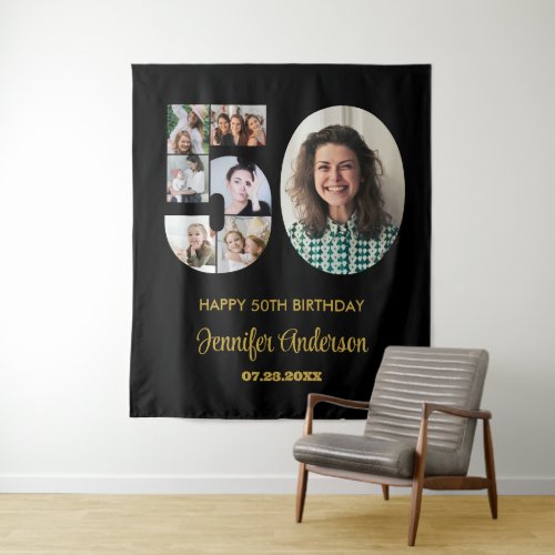 50th Birthday Number 50 Photo Collage Modern Black Tapestry