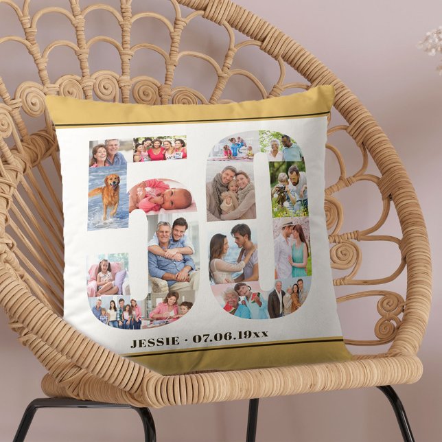 50th Birthday Number 50 Photo Collage Neutral Throw Pillow (Creator Uploaded)