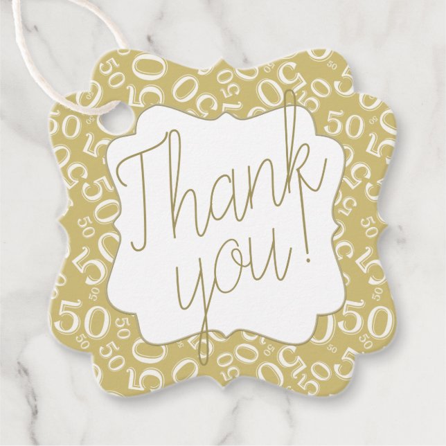 50th Birthday Number Pattern 50 Gold and White Favor Tags (Front)