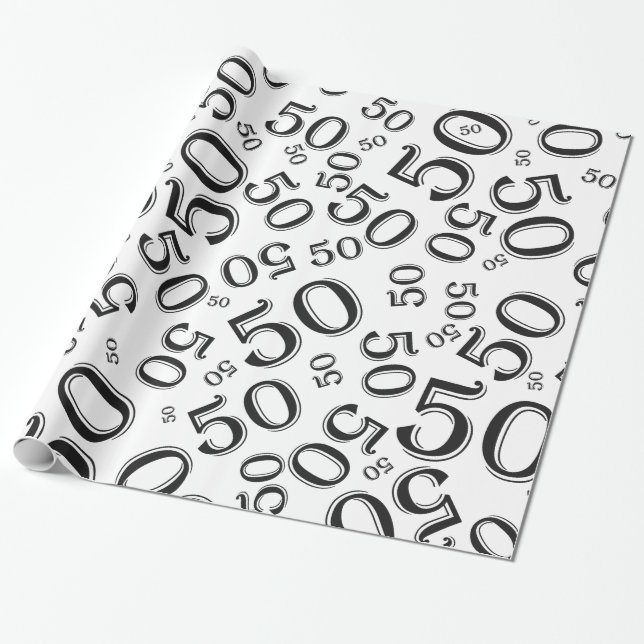 50th Birthday Number Pattern Black and White (L) Wrapping Paper (Unrolled)