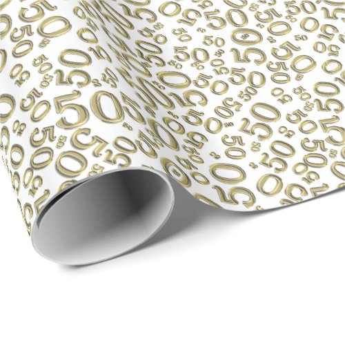 50th Birthday Number Pattern Gold and White S Wrapping Paper