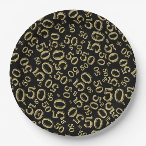 50th Birthday Number Pattern GoldBlack Paper Plates