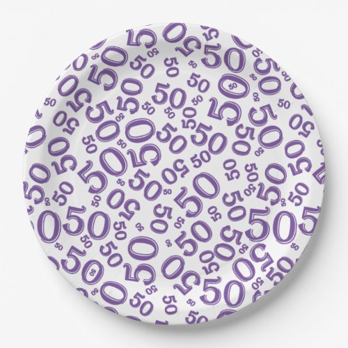 50th Birthday Number Pattern PurpleWhite Paper Plates