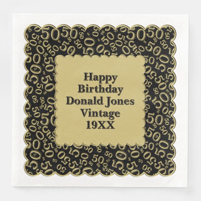 50th Birthday Number Pattern Scallops Black Gold Paper Dinner Napkins (Front)