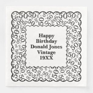 50th Birthday Number Pattern Scallops Black/White Paper Dinner Napkins