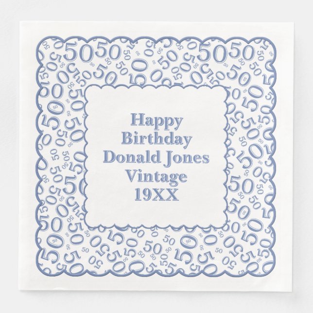 50th Birthday Number Pattern Scallops Blue/White Paper Dinner Napkins (Front)