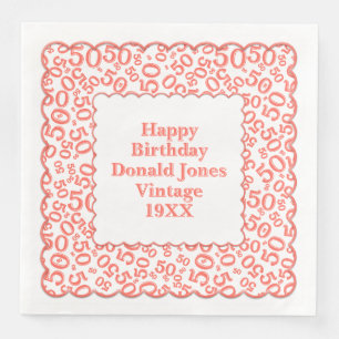 50th Birthday Number Pattern Scallops Coral/White Paper Dinner Napkins