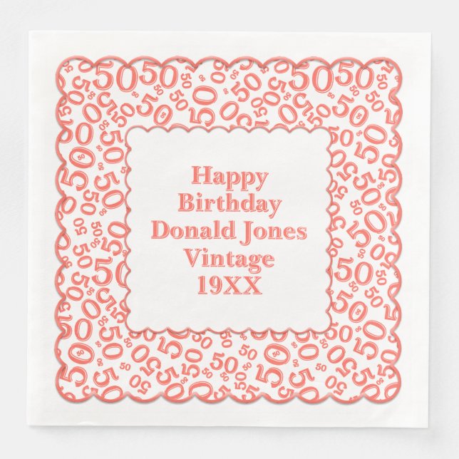 50th Birthday Number Pattern Scallops Coral/White Paper Dinner Napkins (Front)