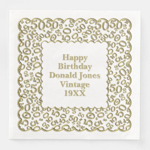 50th Birthday Number Pattern Scallops Gold/White Paper Dinner Napkins