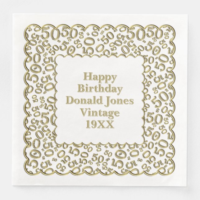 50th Birthday Number Pattern Scallops Gold/White Paper Dinner Napkins (Front)