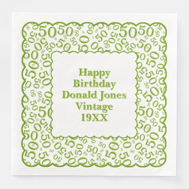 50th Birthday Number Pattern Scallops Green/White Paper Dinner Napkins (Front)