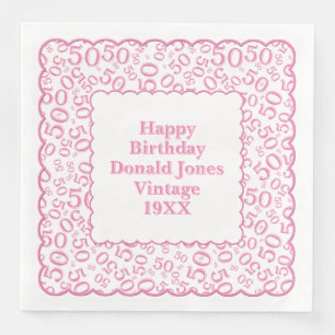 50th Birthday Number Pattern Scallops Pink/White Paper Dinner Napkins