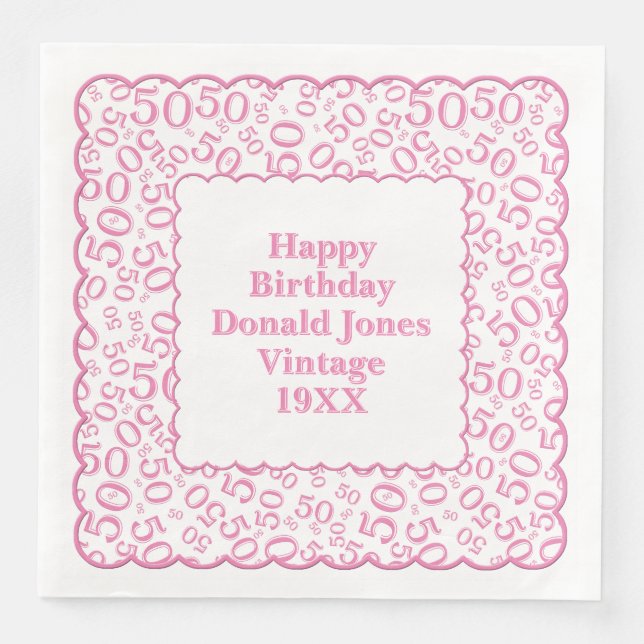 50th Birthday Number Pattern Scallops Pink/White Paper Dinner Napkins (Front)