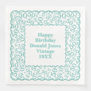 50th Birthday Number Pattern Scallops Teal/White Paper Dinner Napkins