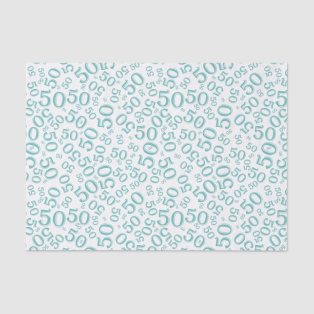 50th Birthday Number Pattern Teal and White Tissue Paper (Front)