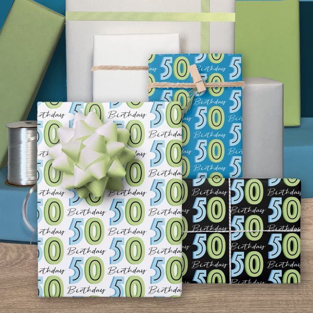 50th Birthday Numbers Green Blue Wrapping Paper Sheets (Creator Uploaded)