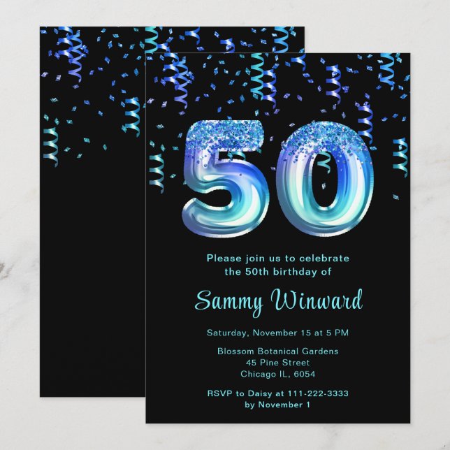 50th Birthday Ocean Balloons with Confetti Invitation (Front/Back)