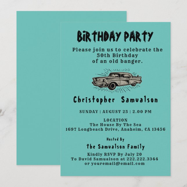 50th Birthday Old Banger Car Enthusiast Vintage Invitation (Front/Back)